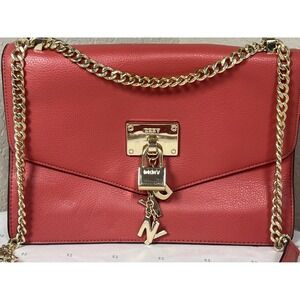 DKNY Coral‎ Pebbled Leather Shoulder Crossbody Bag Chain Gold Padlock 02158